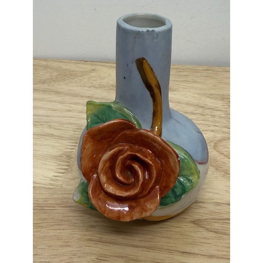 Small‎ Occupied Japan Bud Vase Blue With Rose Grandmillennial Green 4.25